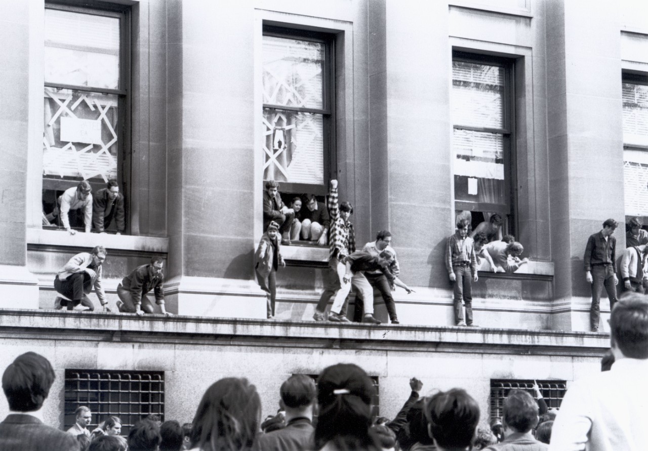 Occupying students on the ledge of Low Library in late 1968