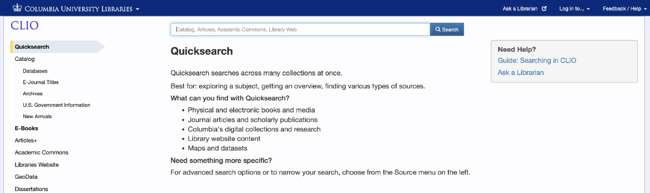 CLIO library catalog quicksearch page