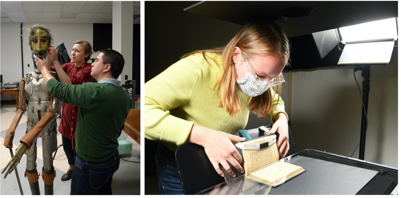 Left image: staff arranging a life-size puppet; Right image: staff setting up a book in an imaging cradle
