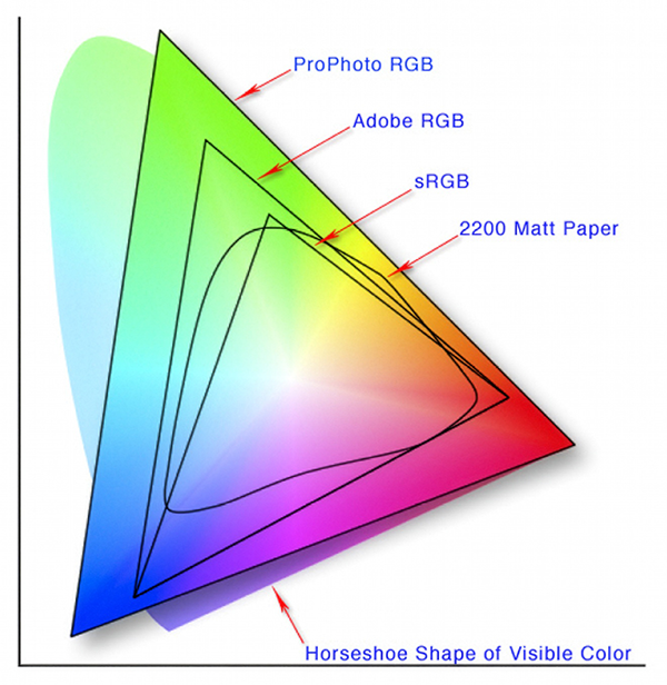 graph showing the color display range of different formats. From narrowest to broadest range, which largely overlap: Paper, sRGB, Adobe RGB, ProPhoto RGB Horseshoe Shape of Visible Color
