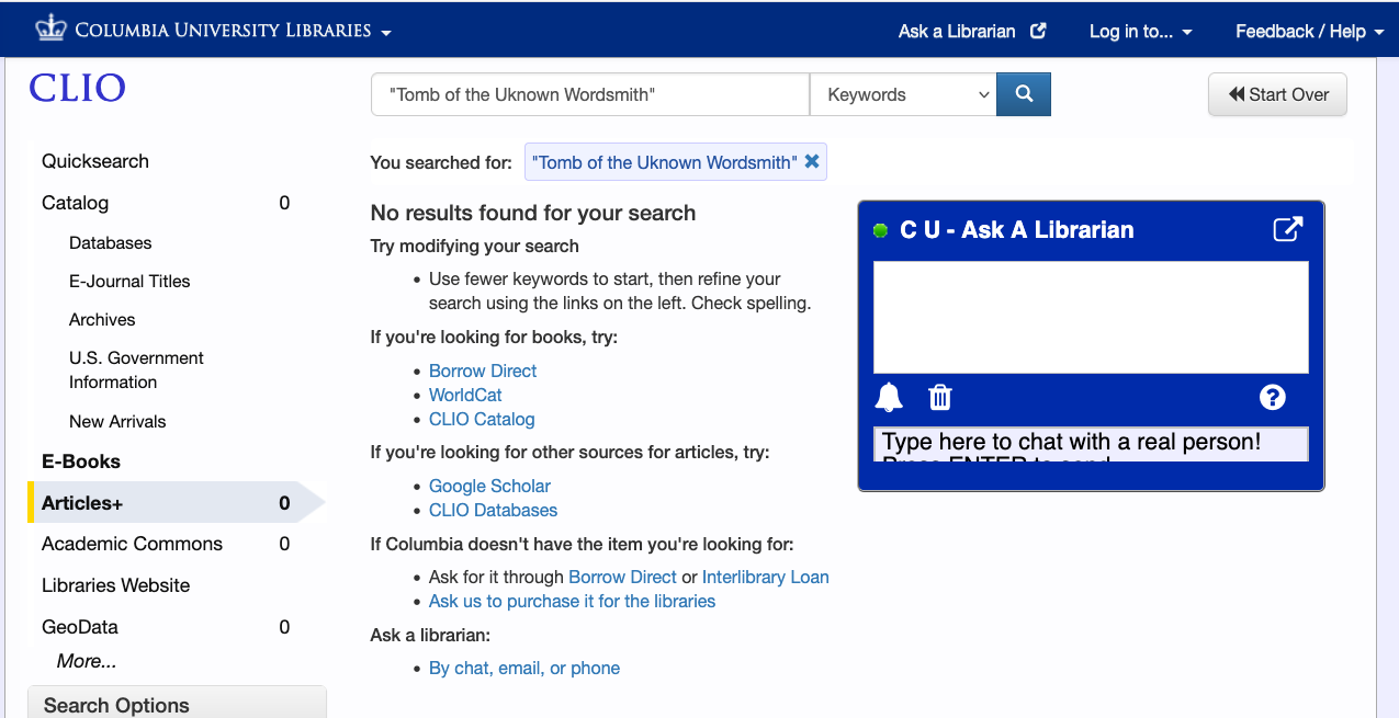 CLIO search that has no results with linked options for alternative searches.