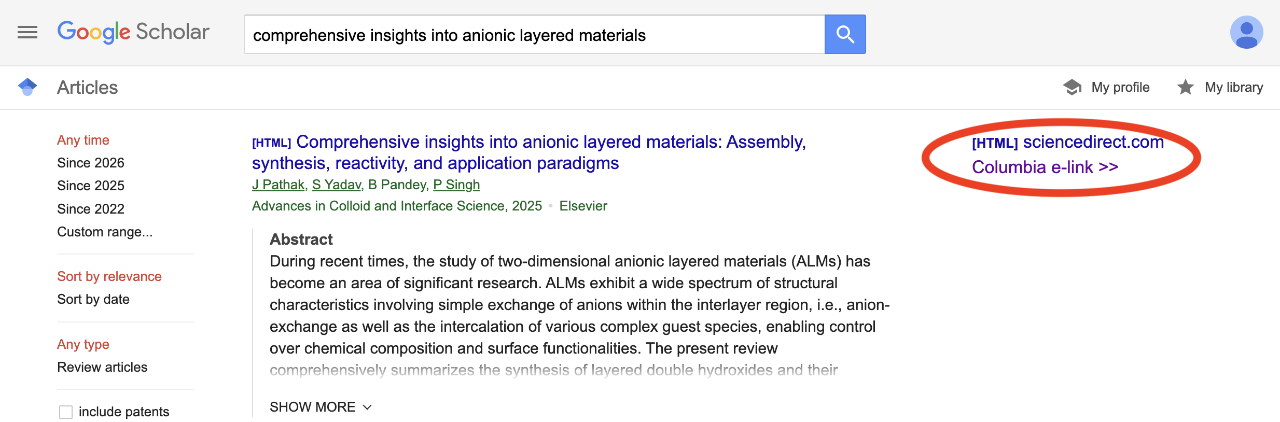 Google Scholar search result screen with "Columbia e-link" linked text to the left of the article result circled in red
