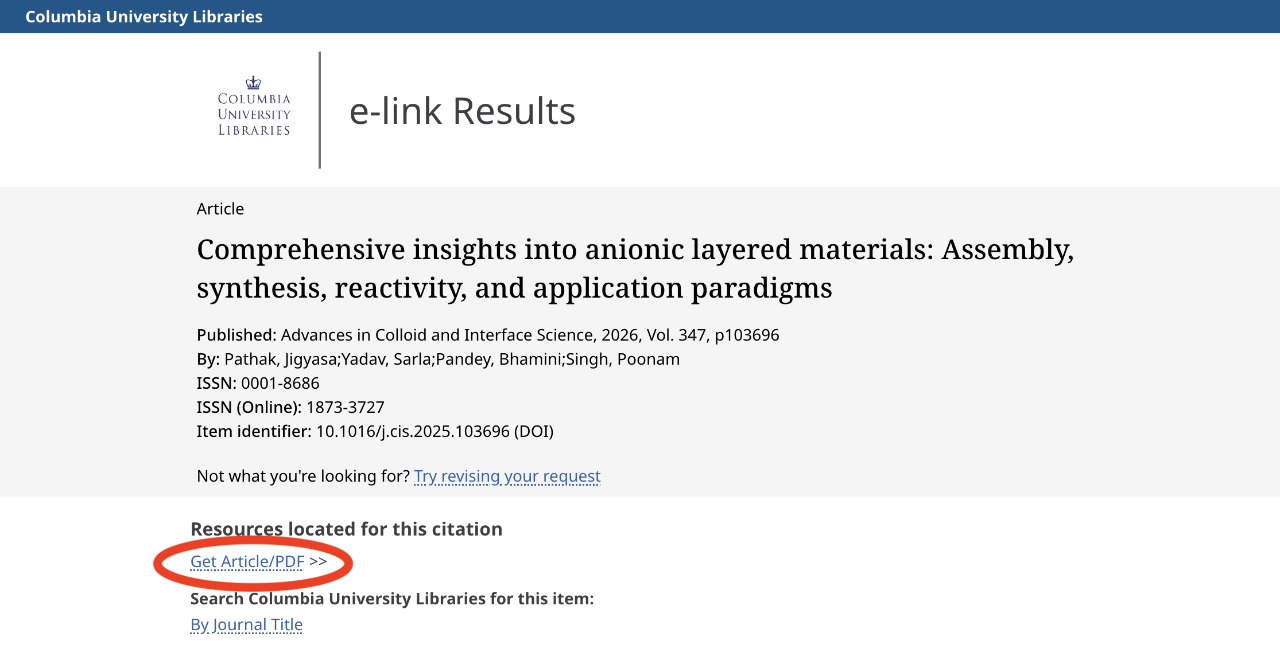 e-link Results screen with "Get Article/PDF" link circled in red under the heading "Resources located for this citation"
