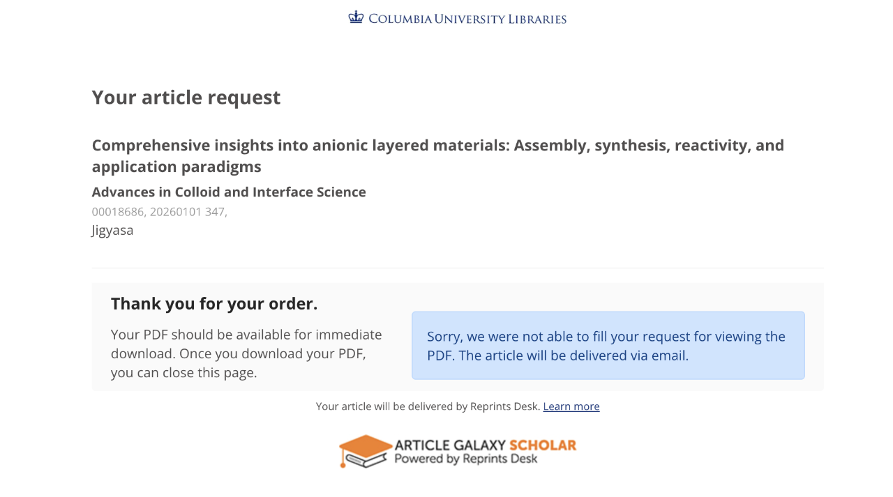 The next screen that starts with "Your article request" has a blue box with status updates. It reads "Sorry, we were not able to fill your request for viewing the PDF. The article will be delivered via email.
