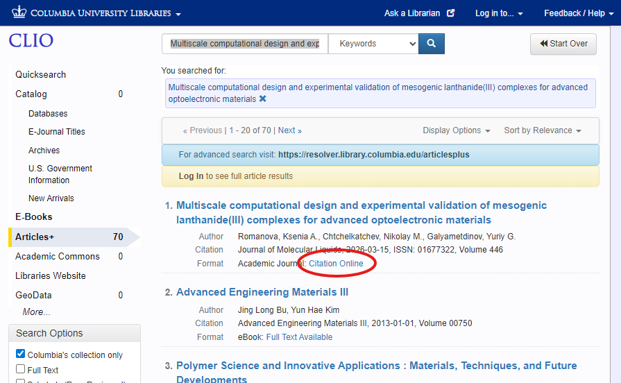 CLIO Articles+ search results screen. The first article in the results has a link to Citation Online which is circled in red.