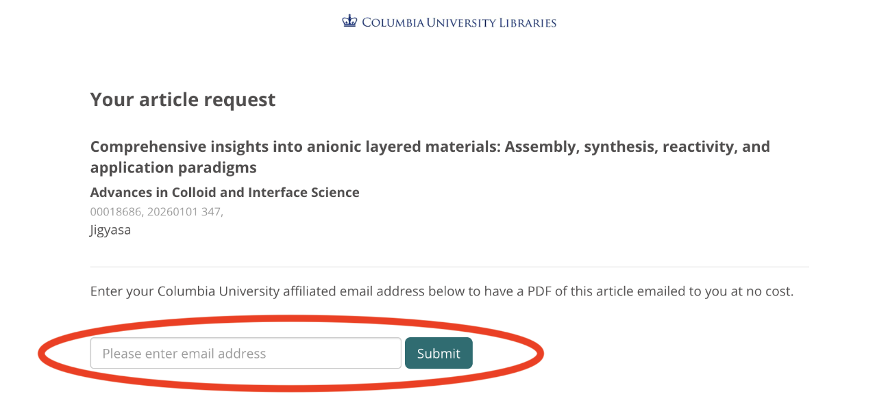 Screen that starts with "Your article request" is prompting you for a Columbia affiliated email address with the email field circled in red.