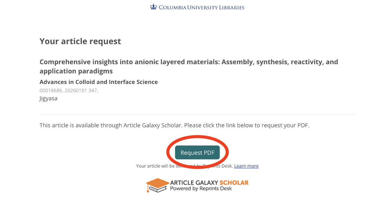 The next screen that starts with "Your article request" has a "Request PDF" button circled in red.