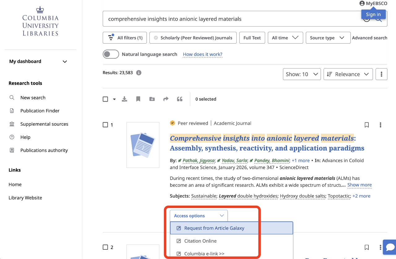 CLIO Articles+ advanced search results screen. Under the first article in the results, a dropdown for "Access options" is expanded with "Request from Article Galaxy" circled in red.
