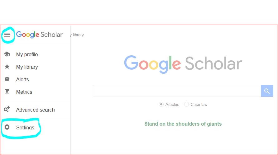 Google Scholar menu expanded with Settings highlighted at the bottom of the options