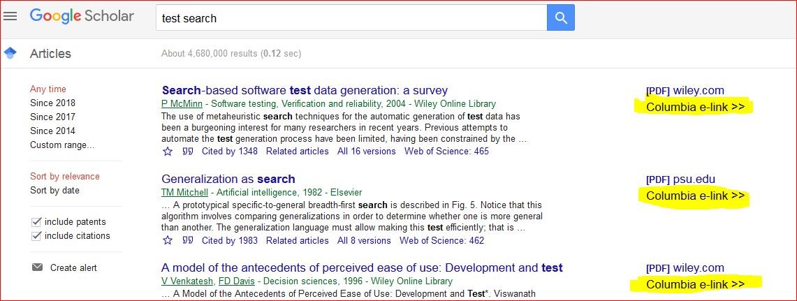 Google Scholar search results with "Columbia e-link" link highlighted to the right of the each result