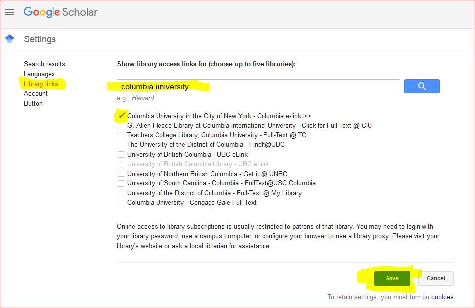 Google Scholar Library links settings with Columbia University e-link selection highlighted