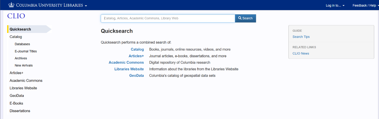 CLIO main search screen with options for different types of searches on the left column of the screen