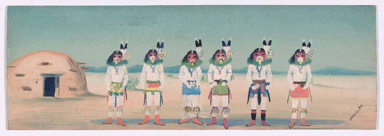 Waldo Mootzka (Hopi, 1910-1940), Navajo Medicine Ceremony Singers, 1930s, oil on board