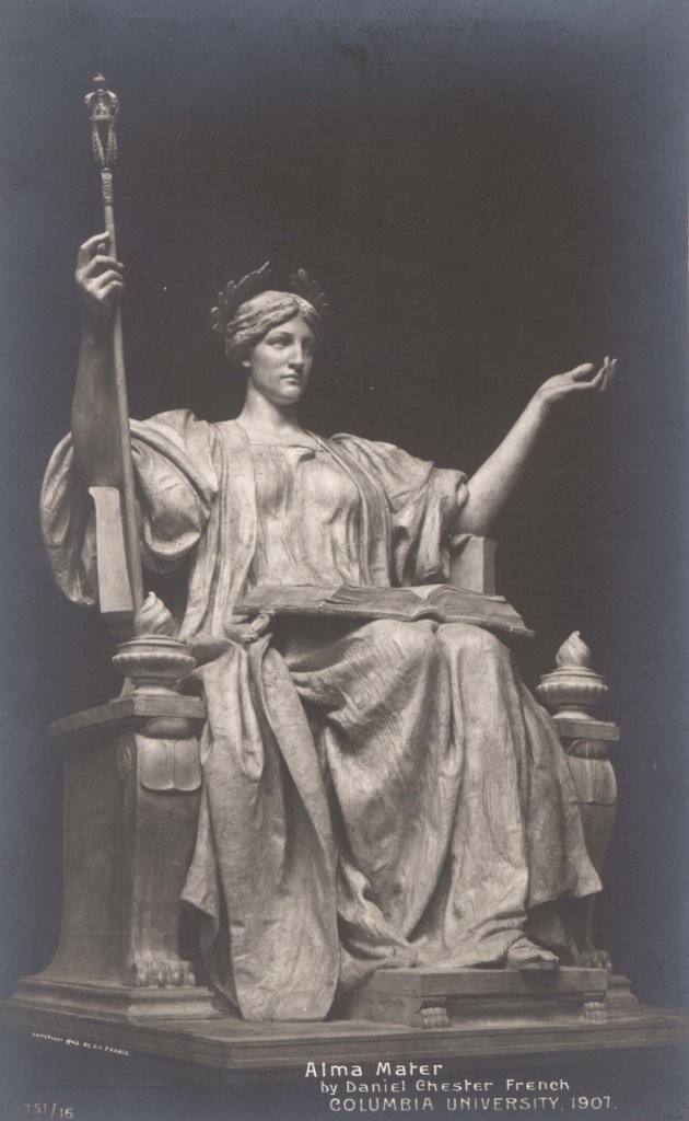 Postcard of Alma Mater statue.