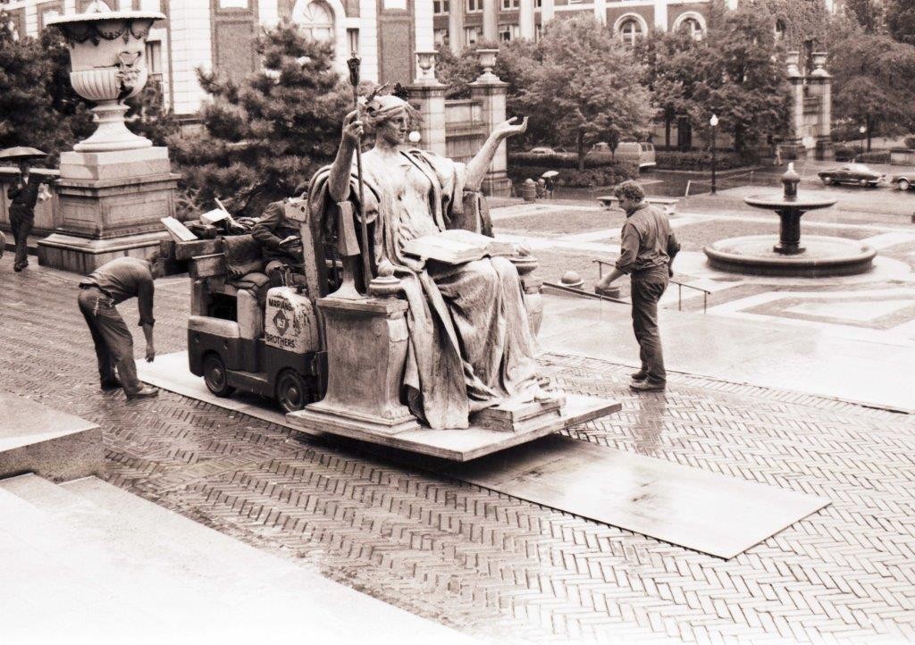 Alma Mater statue being brought back to campus after repair on September 15, 1978.
