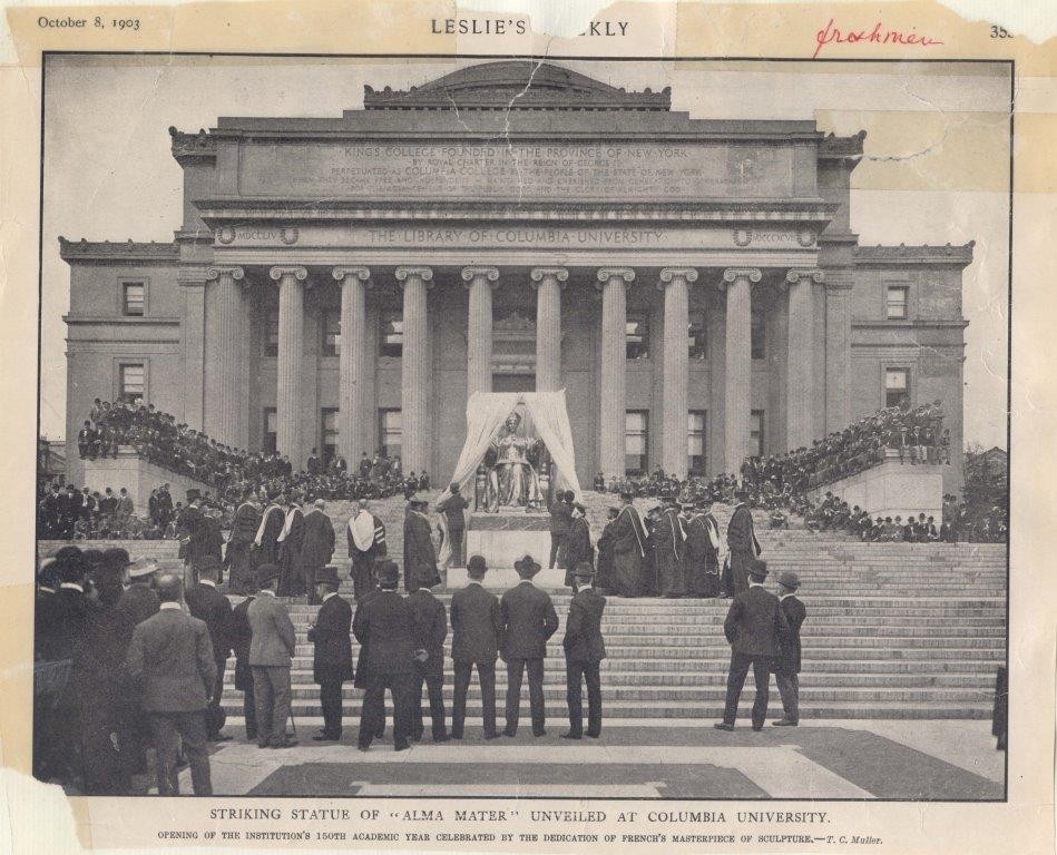 Clipping from periodical depicting the unveiling of the Alma Mater statue.