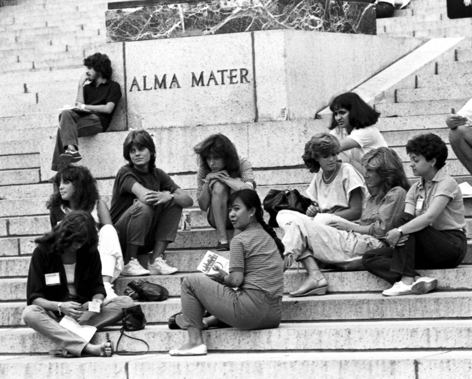 Columbia College freshmen women on the Low Library steps, August 29, 1983.