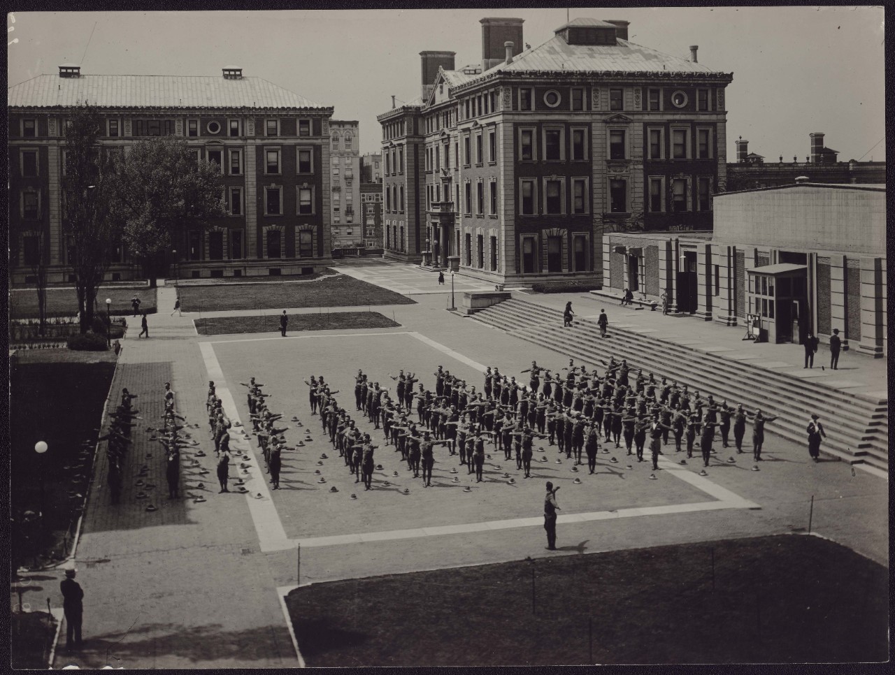 Soldiers exercising in front of University Hall.