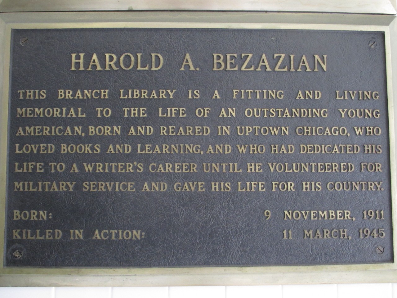 Harold Arsene Bezazian plaque