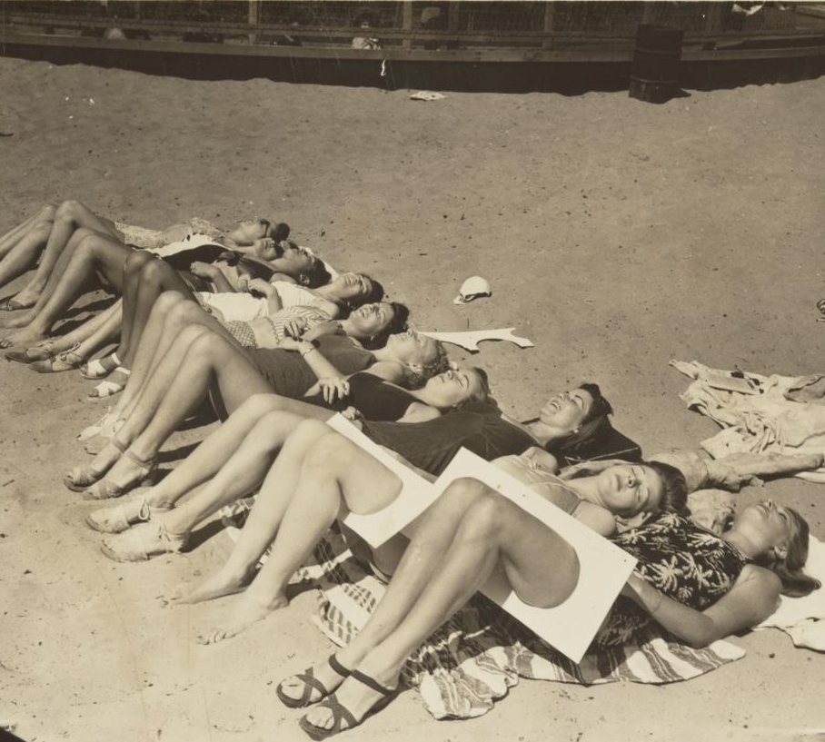 Bathing Beauties with modesty guards, circa 1940.