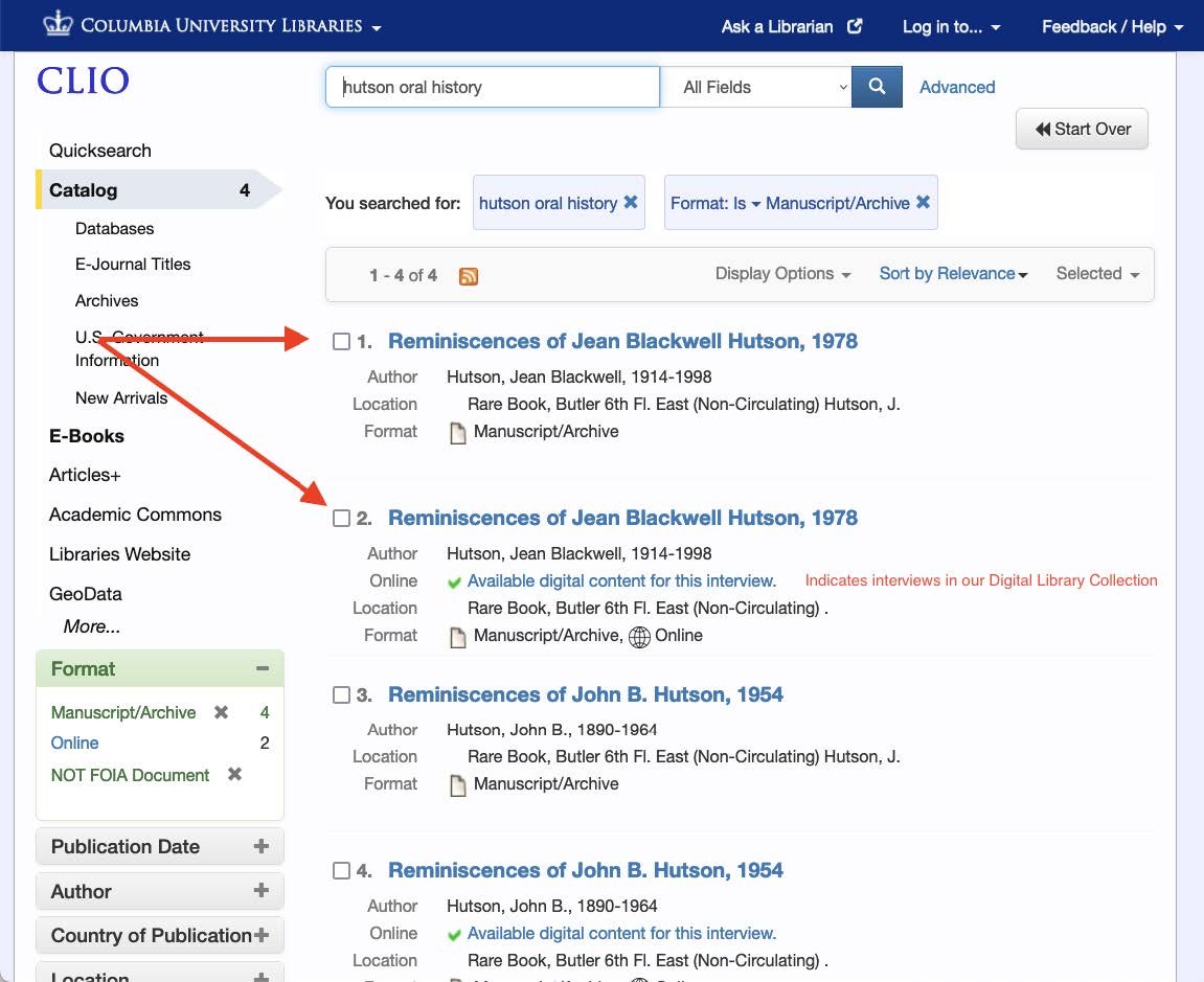 CLIO search results showing 2 results for "Reminiscences of Jean Blackwell Hutson, 1978". They look the same, except one record says that it is online with a link "Available digital content for this interview"