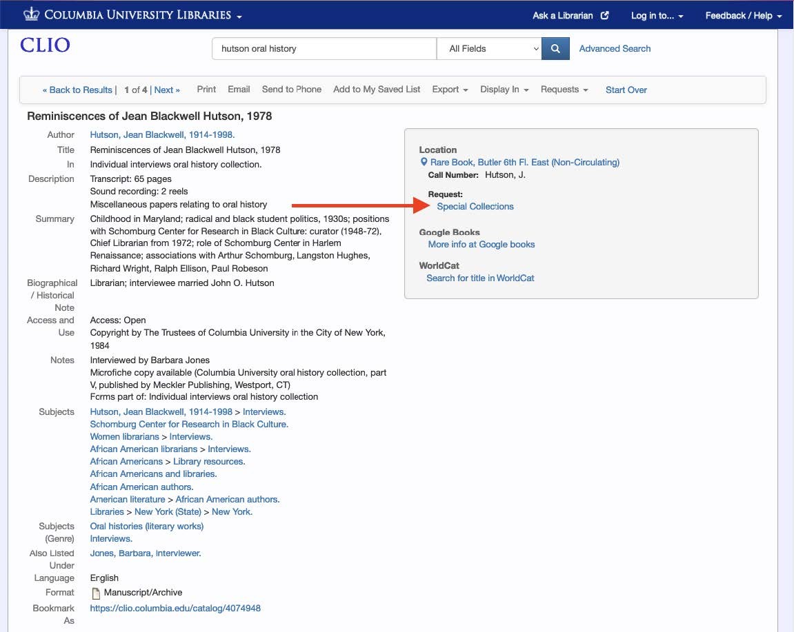 CLIO oral history record with a red arrow pointing to the "Request" section in the gray box on the right side of the screen where you can click the "Special Collections" link