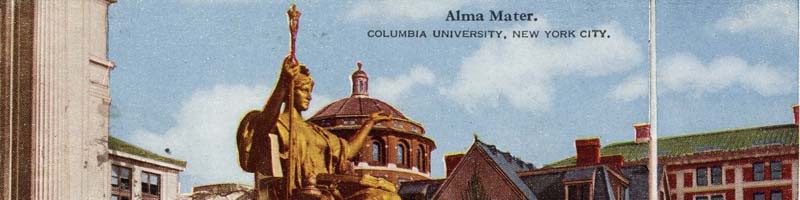colorized postcard of Alma Mater statue circa 1925