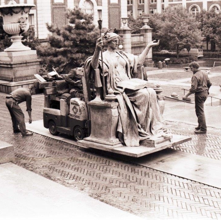 Alma Mater statue being brought back to campus after repair on September 15, 1978.