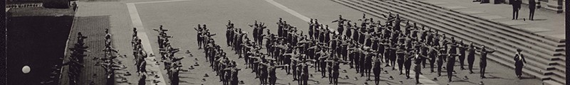 Soldiers exercising in front of University Hall.