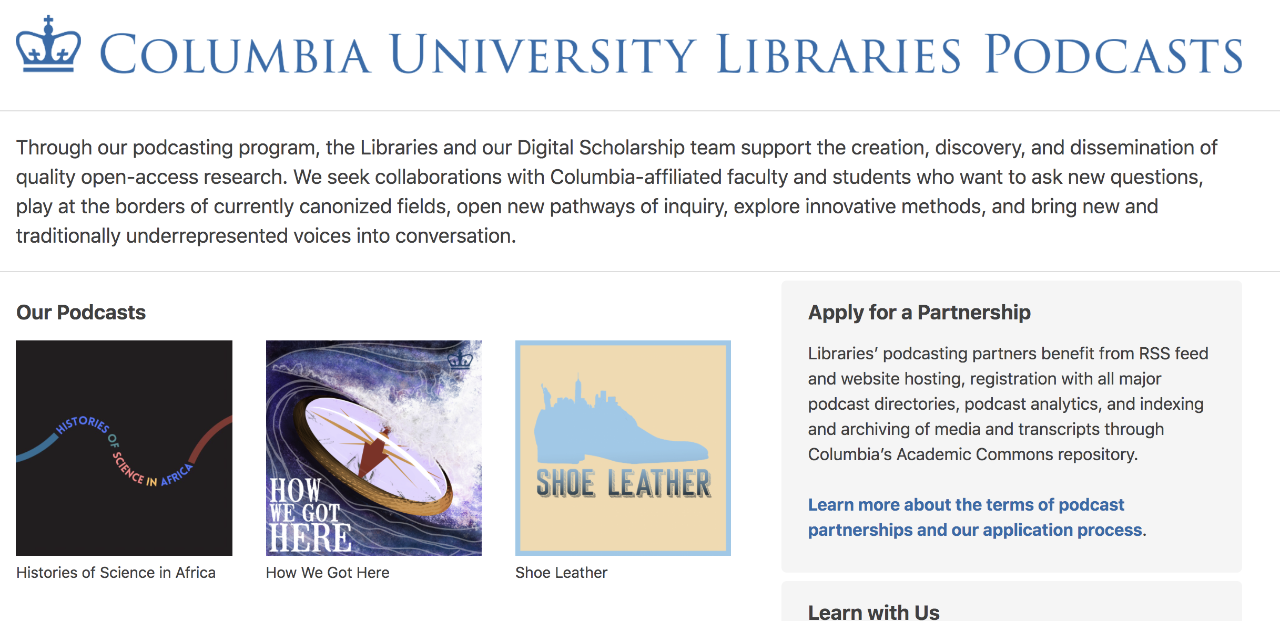 Screenshot of the libraries Podcasting website